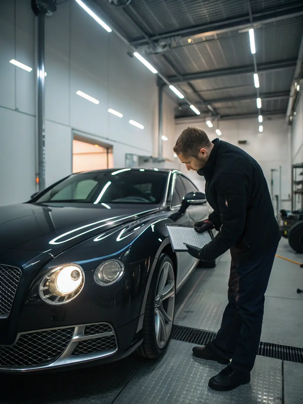 A high-quality photograph of a luxury sedan being prepared for export, showcasing the meticulous care taken in handling vehicles for international shipping by Nefeli LLC.