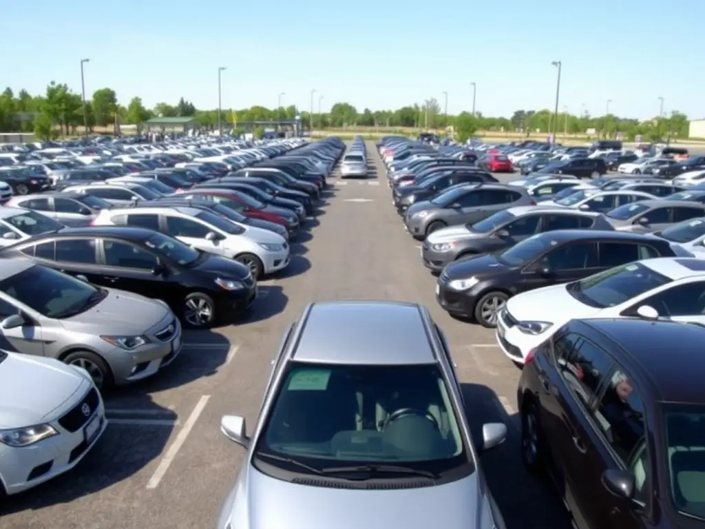 A fleet of various vehicles including sedans, SUVs, and trucks, lined up neatly, representing the vehicle import/export and rental services offered by Nefeli LLC.