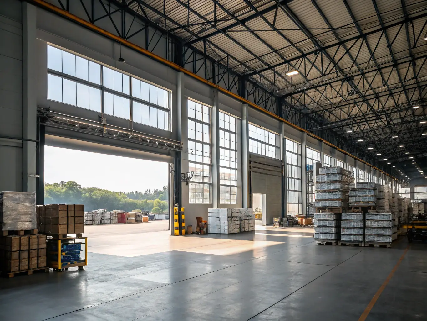 A photograph of a modern warehouse interior, showcasing the type of industrial properties Nefeli LLC handles.
