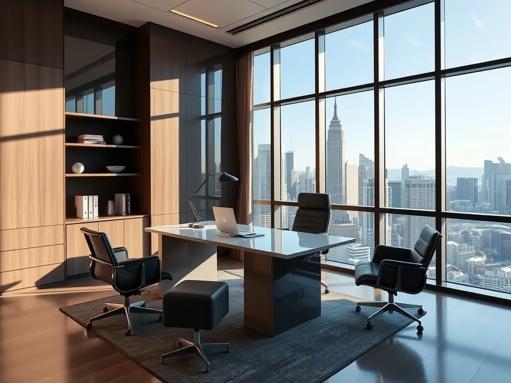 A luxurious office space with modern furniture and a city view, representing premium office solutions provided by Nefeli LLC.