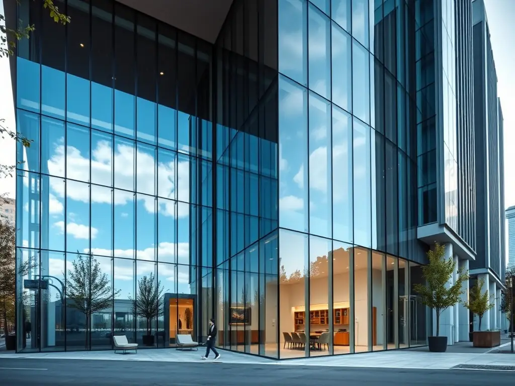 A modern office building with glass facade, reflecting the sky, symbolizing commercial real estate services offered by Nefeli LLC.