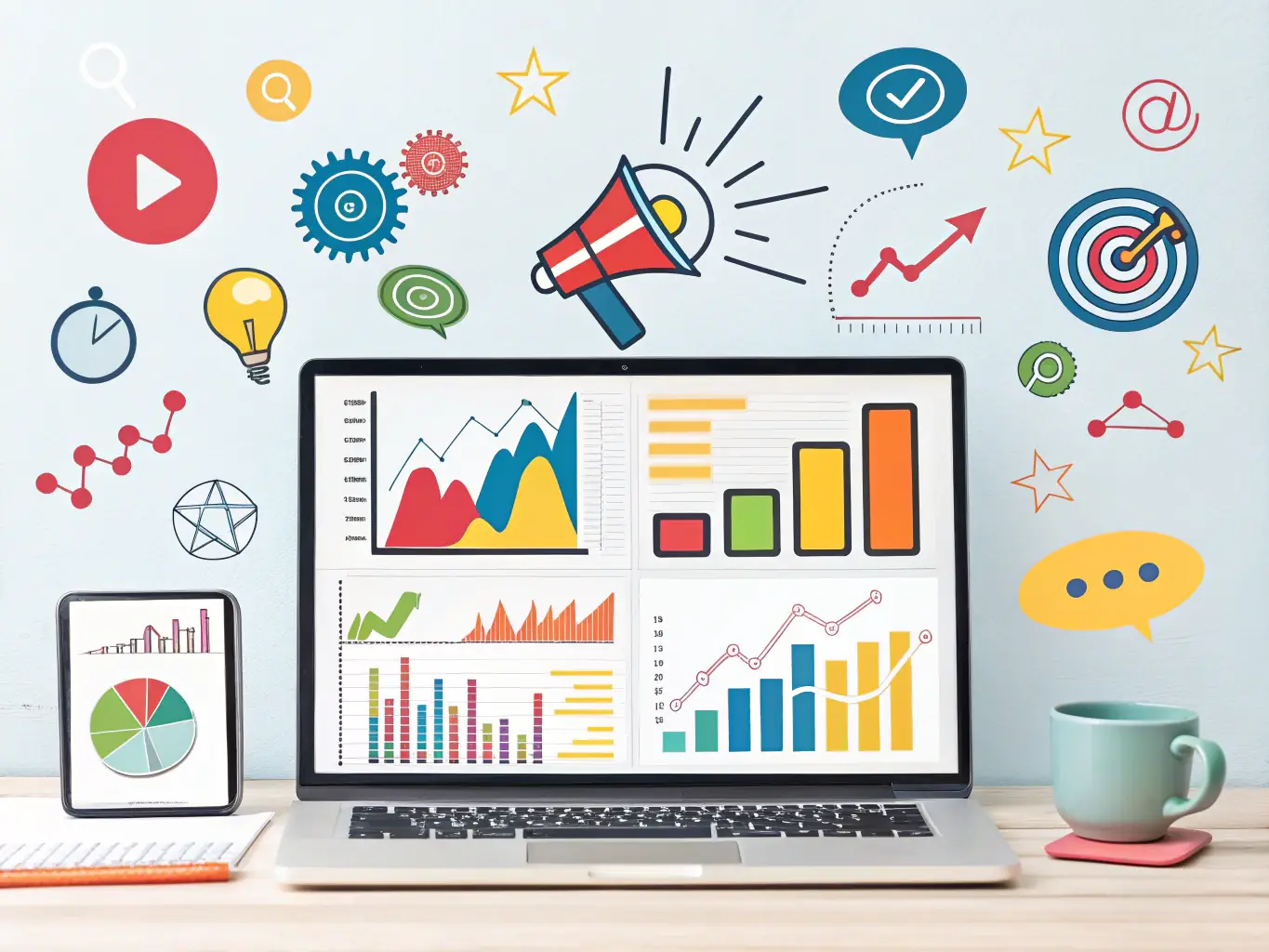 A vibrant digital marketing campaign visual, featuring data analytics dashboards, social media engagement metrics, and targeted advertising strategies.